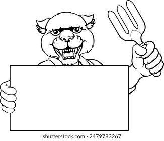 A gardener, farmer or handyman panther cartoon mascot man holding a gardening tool