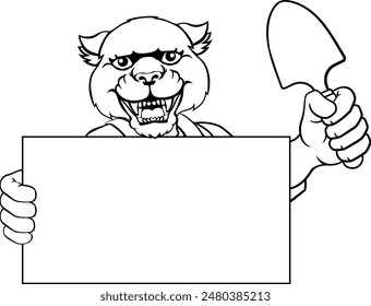 A gardener, farmer or handyman panther cartoon mascot man holding a gardening tool