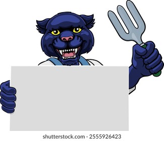 A gardener, farmer or handyman panther cartoon mascot man holding a gardening tool