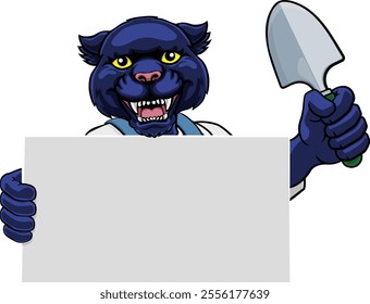 A gardener, farmer or handyman panther cartoon mascot man holding a gardening tool