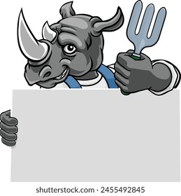 A gardener, farmer or handyman rhino cartoon mascot man holding a gardening tool