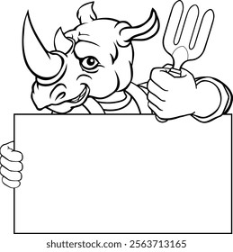 A gardener, farmer or handyman rhino cartoon mascot man holding a gardening tool