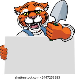 A gardener, farmer or handyman tiger cartoon mascot man holding a gardening tool