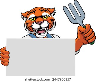 A gardener, farmer or handyman tiger cartoon mascot man holding a gardening tool