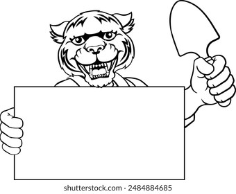 A gardener, farmer or handyman tiger cartoon mascot man holding a gardening tool