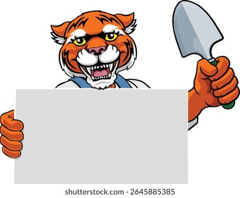 Um jardineiro, fazendeiro ou faz-tudo mascote de tigre de desenho animado homem segurando uma ferramenta de jardinagem