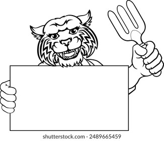 A gardener, farmer or handyman wildcat cartoon mascot man holding a gardening tool