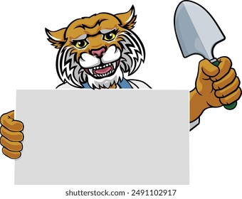 A gardener, farmer or handyman wildcat cartoon mascot man holding a gardening tool