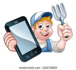 A gardener or farmer holding phone with copyspace