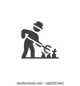 Gardener, farmer with pitchfork vector icon. filled flat sign for mobile concept and web design. Farmer man working with pitchfork glyph icon. Symbol, logo illustration. Vector graphics