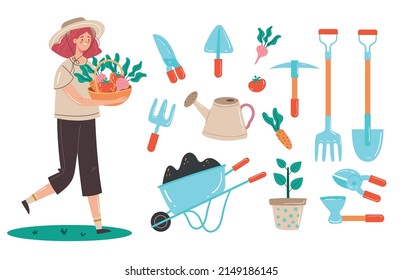 Gardener farmer work tool isolated set. Vector flat graphic design illustration