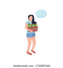 Gardener flat color vector faceless character. Girl in summer clothes hold potted plant. Person with speech bubble isolated cartoon illustration for web graphic design and animation