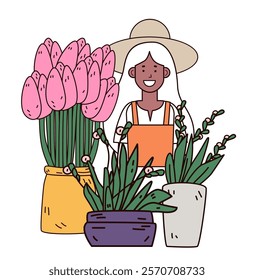 Gardener with flowers in pots smiling woman wearing hat surrounded by colorful plants and greenery simple design white background