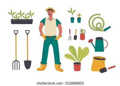 Jardín y herramientas de jardinería. Agricultor o trabajador agrícola. Conjunto de ilustraciones vectoriales.