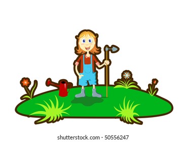 Gardener girl in the backyard with tools