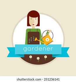 Gardener girl character holding watering, watering plants. Man planting flowers. Isolated label. Vector illustration in modern flat style. Flower shop. Florist.