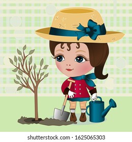 gardener girl in a coat and hat plants a tree, she holds a watering can and a shovel, emoticon color vector illustration