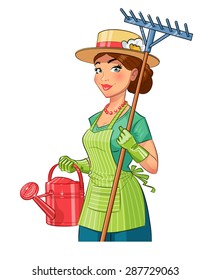 Gardener girl with rake and watering can. Eps10 vector illustration. Isolated on white background