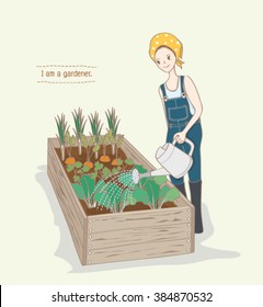 Gardener girl watering her vegetable garden