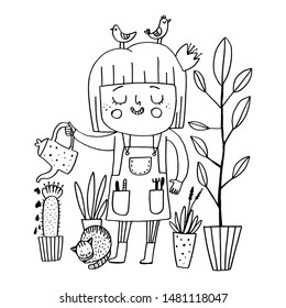 Gardener girl watering plants. Black and white illustration for posters and cards. Coloring book for children. Vector illustration.

