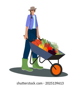 Gardener girl with wheelbarrow of vegetables Flat vector Illustration.