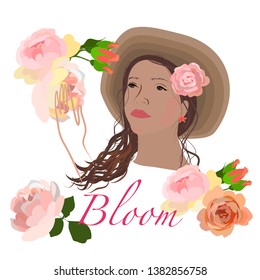 Gardener girl in wide brim hat in rose garden, light pink yellow roses, beautiful young woman and calligraphy design elements vector isolated on white
