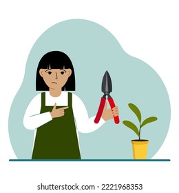 A gardener is a girl in working clothes, he has a pruner in his hand. Vector flat illustration