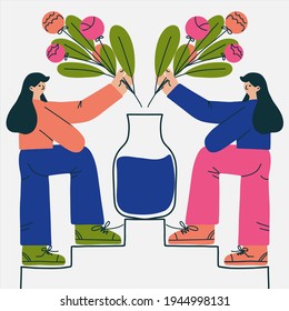 Gardener girls with flower bouquet, concept flowers shop, girls team flat vector illustration