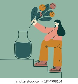 Gardener girls with flower bouquet, concept flowers shop, girls team flat vector illustration