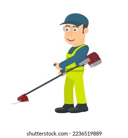 Gardener with a grass trimmer. Worker with a garden tool, vector illustration