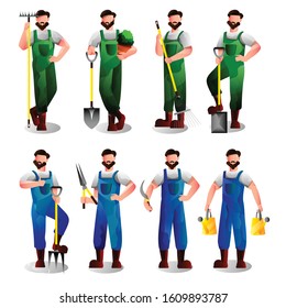 Gardener green and blue pose in overalls vector collection