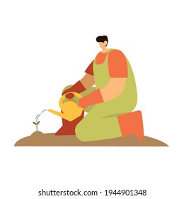 A gardener in green overalls and an orange T-shirt waters a small green plant from a yellow watering can. Stylish vector illustration in flat cartoon style. Gardening. Summer