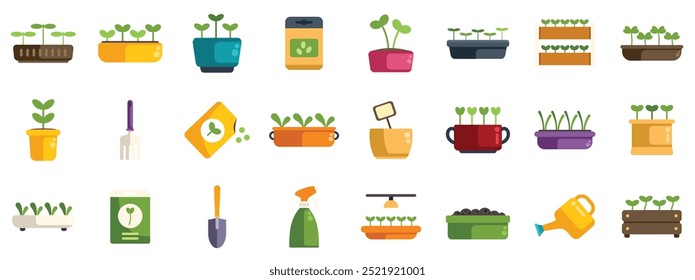 Gardener growing seedling in pots and seed trays using gardening tools icon set