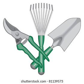 Gardener Hand Tools Logo is an illustration of a gardeners or landscapers logo including pruning shears, hand rake and hand shovel.