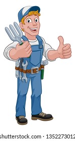 A gardener, handyman or farmer cartoon caretaker contractor man. Holding a garden fork tool and giving a thumbs up