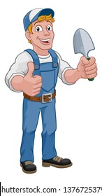 A gardener, handyman or farmer cartoon caretaker contractor man holding a garden spade tool. Giving a thumbs up