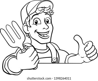 A gardener, handyman or farmer cartoon caretaker contractor man holding a garden fork tool. Peeking over a sign and giving a thumbs up