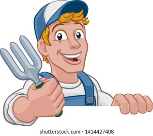 A gardener, handyman or farmer cartoon caretaker contractor man holding a garden fork tool. Peeking over a sign