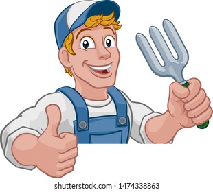 A gardener, handyman or farmer cartoon caretaker contractor man holding a garden fork tool. Peeking over a sign and giving a thumbs up