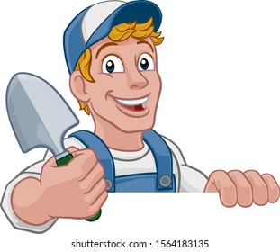 A gardener, handyman or farmer cartoon caretaker contractor man holding a garden spade tool. Peeking over a sign.