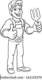 A gardener, handyman or farmer cartoon caretaker contractor man holding a garden fork tool. Giving a thumbs up