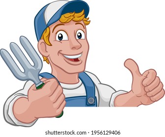 A gardener, handyman or farmer cartoon caretaker contractor man holding a garden fork tool. Peeking over a sign and giving a thumbs up