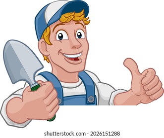 A gardener, handyman or farmer cartoon caretaker contractor man holding a garden spade tool. Peeking over a sign and giving a thumbs up