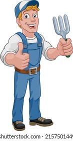 A gardener, handyman or farmer cartoon caretaker contractor man holding a garden fork tool. Giving a thumbs up