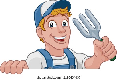 A gardener, handyman or farmer cartoon caretaker contractor man holding a garden fork tool. Peeking over a sign