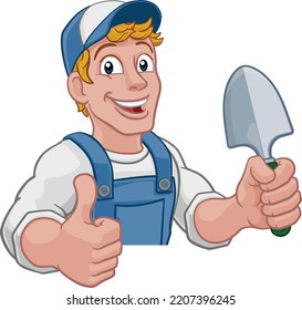 A gardener, handyman or farmer cartoon caretaker contractor man holding a garden spade tool. Peeking over a sign and giving a thumbs up