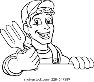 A gardener, handyman or farmer cartoon caretaker contractor man holding a garden fork tool. Peeking over a sign