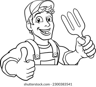 A gardener, handyman or farmer cartoon caretaker contractor man holding a garden fork tool. Peeking over a sign and giving a thumbs up