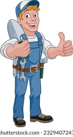 A gardener, handyman or farmer cartoon caretaker contractor man holding a garden spade tool. Giving a thumbs up