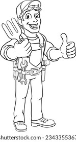 A gardener, handyman or farmer cartoon caretaker contractor man. Holding a garden fork tool and giving a thumbs up